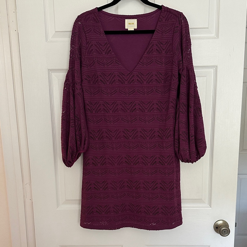 Maeve Plum Crochet V-Neck Balloon Sleeve Mini Dress